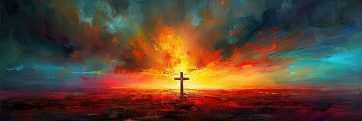 Divine Horizon: A Symbolic Cross Painting With Sunlit Sky