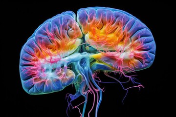 Scientific PET axon scan, revealing metabolic activity. Blood-brain barrier, neurodevelopment, gray and white matter. Mirror neurons, neurological disorders Alzheimer's, Parkinson's, and epilepsy - obrazy, fototapety, plakaty