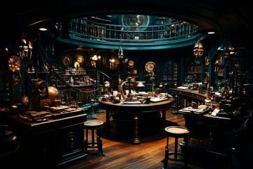 Enchanting steampunk laboratory with intricate brass machinery and glowing concoctions - obrazy, fototapety, plakaty