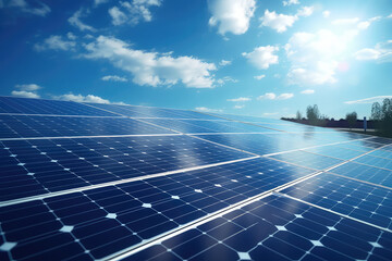 Bright blue solar panels under a cloudy sky with the sun shining. 3d render illustration. - obrazy, fototapety, plakaty