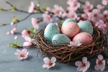 Fototapeta na wymiar Colored easter eggs in a bird nest and cherry flowers on gray background.