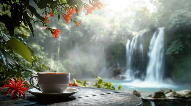 cup of coffee with beautiful waterfall background Seamless looping 4k time-lapse virtual video animation background. Generated AI