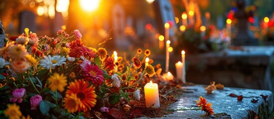 All Saints Day in Slovakia, Europe, with flowers and candles adorning a tombstone in the churchyard.