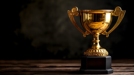 Vintage golden trophy cup on a rustic wooden table, perfect for engraving and customization - obrazy, fototapety, plakaty