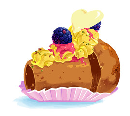 Babà al rum con crema pasticcera, more, cuore di cioccolato bianco, granella di pistacchi e cioccolato fondente. San Valentino. Pasticceria.