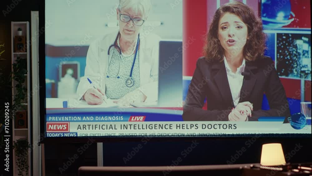 Poster modern tv displaying news program broadcasting with journalist talking about artificial intelligence