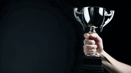 Holding up a silver trophy cup against a dark background - obrazy, fototapety, plakaty