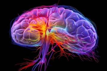 Obraz premium 3D Axon Science Brain regions: occipital lobe, Broca's and Wernicke's areas, corpus callosum, basal ganglia. Neurotransmitters include excitatory glutamate inhibitory GABA (Gamma-Aminobutyric Acid)