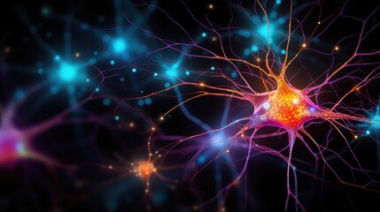 Fototapeta premium Complex neuronal network neurons synapses in brain. Explore neural encoding and decoding mechanisms. Neural representation, dynamic process of neuroplasticity. Neurotransmitter neuromuscular junctions