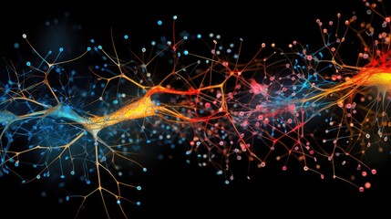 Obraz premium Complex neuronal network neurons synapses in brain. Explore neural encoding and decoding mechanisms. Neural representation, dynamic process of neuroplasticity. Neurotransmitter neuromuscular junctions
