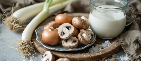Onions and mushrooms on a plate with salted white milk