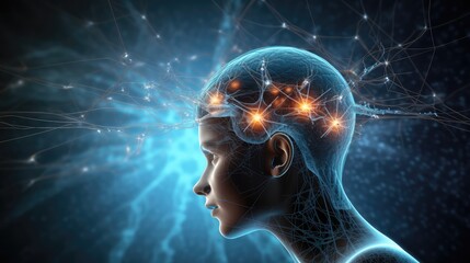 Neuronal Brain network featuring neurons, synapses, vital brain regions like thalamus, hypothalamus, and brainstem. Neural plasticity, neurogenesis, connectome with white and gray matter to CNS