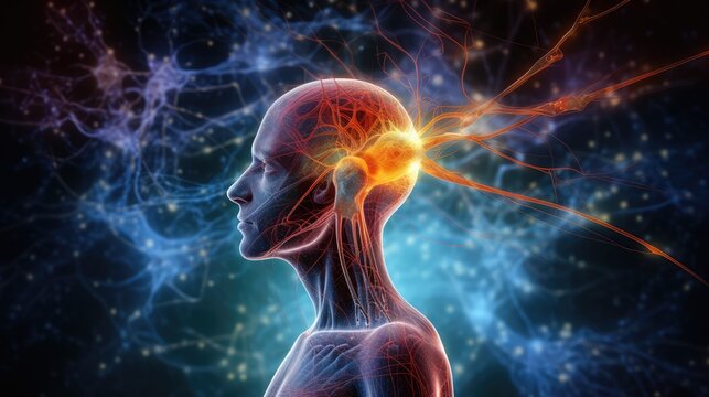 Neuronal Brain network featuring neurons, synapses, vital brain regions like thalamus, hypothalamus, and brainstem. Neural plasticity, neurogenesis, connectome with white and gray matter to CNS