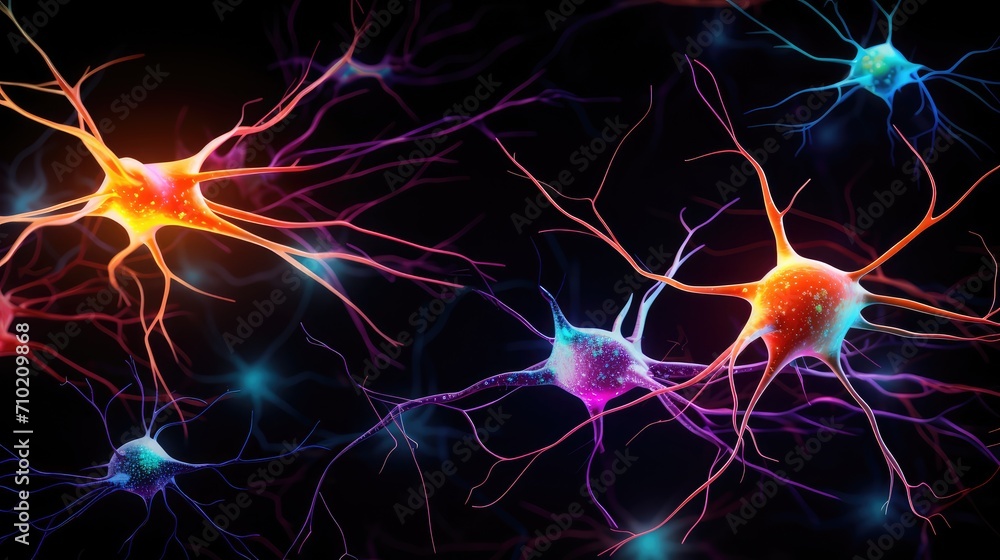 Poster neuronal network brain elements: neurons, synapses, axons, dendrites, and neurotransmitters. action 
