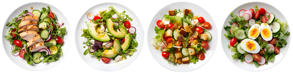 Rich plates of salad from green leaves mix and vegetables with avocado or eggs, chicken and shrimps isolated on transparent background. - obrazy, fototapety, plakaty