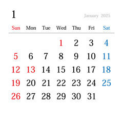2025年1月、日本のカレンダー