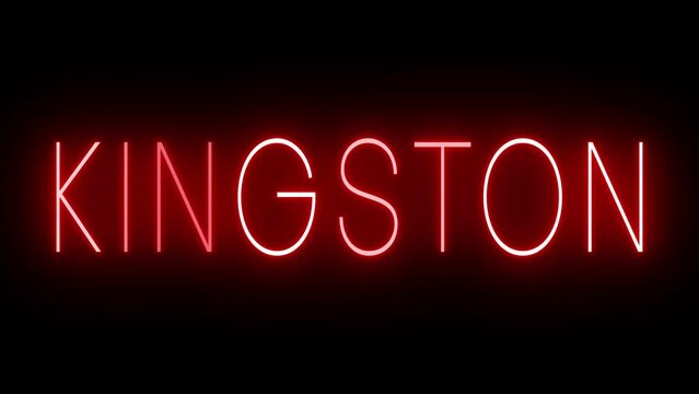 Flickering red retro style neon sign glowing against a black background for KINGSTON
