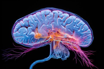 Obraz premium Colorful motley Brain Axon meninges and human mind skull. Neurocritical care, address neurobiology of addiction, neurocardiology, and neuroepigenetics. Neurodevelopmental neurovascular disorders. 