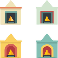 Set of four different cartoon style fireplaces in various colors. Cozy home interior design elements vector illustration.