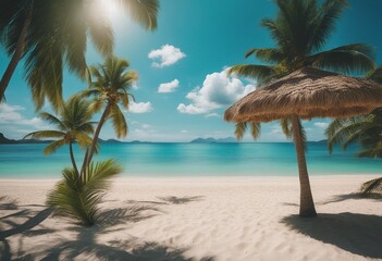 Beautiful beach with white sand turquoise ocean and blue sky with clouds on Sunny day Summer tropica