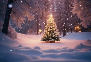 Beautiful Christmas and New Years background with decorated Christmas tree in fluffy snowdrifts agai