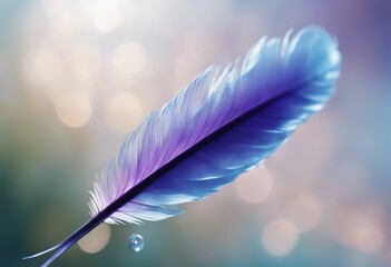 Beautiful clean transparent bright drop of water on feather in light blue and purple colors macro Te