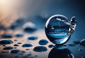Beautiful clean transparent bright drop of water on smooth surface in dark blue colors macro Creativ