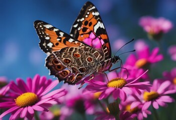 Beautiful multicolored colorful butterfly on bright pink magenta flower daisy macro on blue backgrou