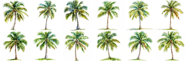 Set of coconut tree watercolor illustration isolated on white background. Beautiful Palm Tree for art. - obrazy, fototapety, plakaty