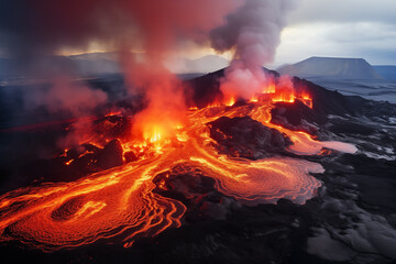 An active volcano spewing hot lava all around in Iceland. Fagradalsfjall Volcano - obrazy, fototapety, plakaty