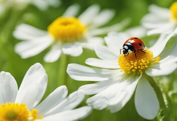 Beautiful white forest flowers anemones and ladybug in sunlight on yellow and green background templ