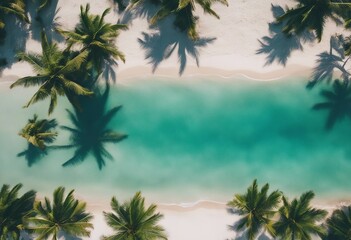 Beautiful white sandy beach with turquoise ocean water waves and green fluffy palm trees Aerial top