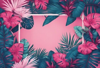 Creative colorful beautiful frame made of tropical leaves and flowers in pink-blue tones Background