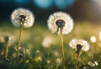 Easy air glowing dandelions with soft focus in grass summer sun morning outdoors close-up macro on b