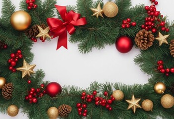 Fototapeta na wymiar Festive Christmas border isolated on white background Fir green branches are decorated with gold sta