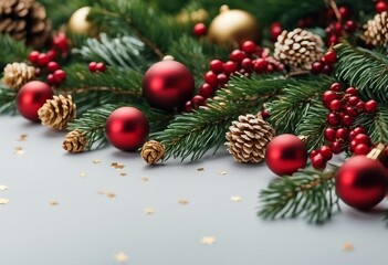 Festive Christmas border isolated on white background Fir green branches are decorated with gold sta