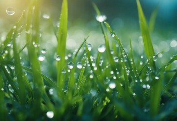 Fresh wet grass in the early morning with droplets of dew close up of a macro with a soft focus on a