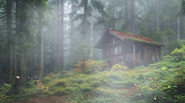 mysterious cabin in the misty forest, Seamless looping 4k time-lapse virtual video animation background. Generated AI
