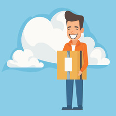 Cheerful delivery man holding a cardboard box with a blank label. Male courier with package ready for delivery. Delivery service and shipping concept vector illustration.