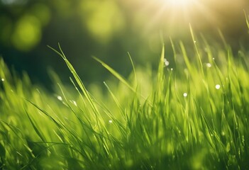 Natural green defocused background with sunshine Juicy young grass and foliage copy space