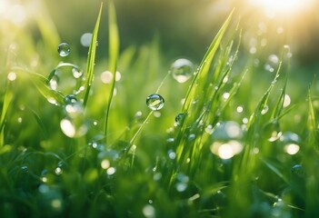 Transparent droplets of dew in grass on summer morning sparkle in sunlight in nature Fresh grass wit