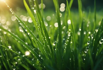 Fototapeta na wymiar Very beautiful wide-format photo of green grass close-up in an early spring or summer morning with d