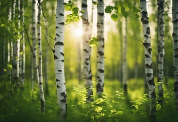 Young slim thin birch trees in the spring in the forest Branches of birch trees with young juicy lea - obrazy, fototapety, plakaty