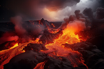 Molten lava flowing from volcano crater with ash and smoke