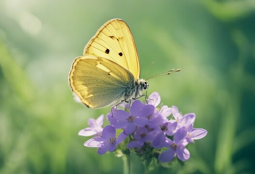 Yellow butterfly close-up macro on wild meadow violet flower in spring summer on a beautiful soft bl