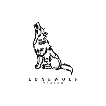 Hand drawn howling lone wolf logo design for your brand or business