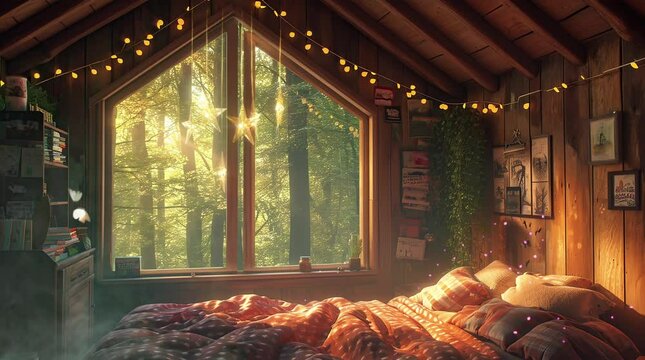 Cozy winter weekend in log cabin, Seamless looping 4k time-lapse virtual video animation background. Generated AI