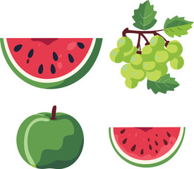 Colorful vector illustration of half a watermelon, a bunch of green grapes, a green apple, and a watermelon slice. Fresh fruit set design element for summer nutrition.