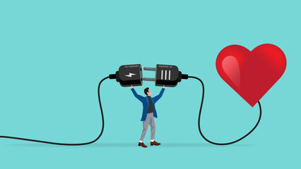 passion for work, mindset or attitude to work according to our talents and interests, businessman work with heart, businessman connect plug with heart to power socket concept vector illustration