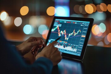 Trader broker analyst investor holding tab in hands using digital tablet technology analyzing financial exchange market growth in dark night office. Stock trade investment concept. Generative AI